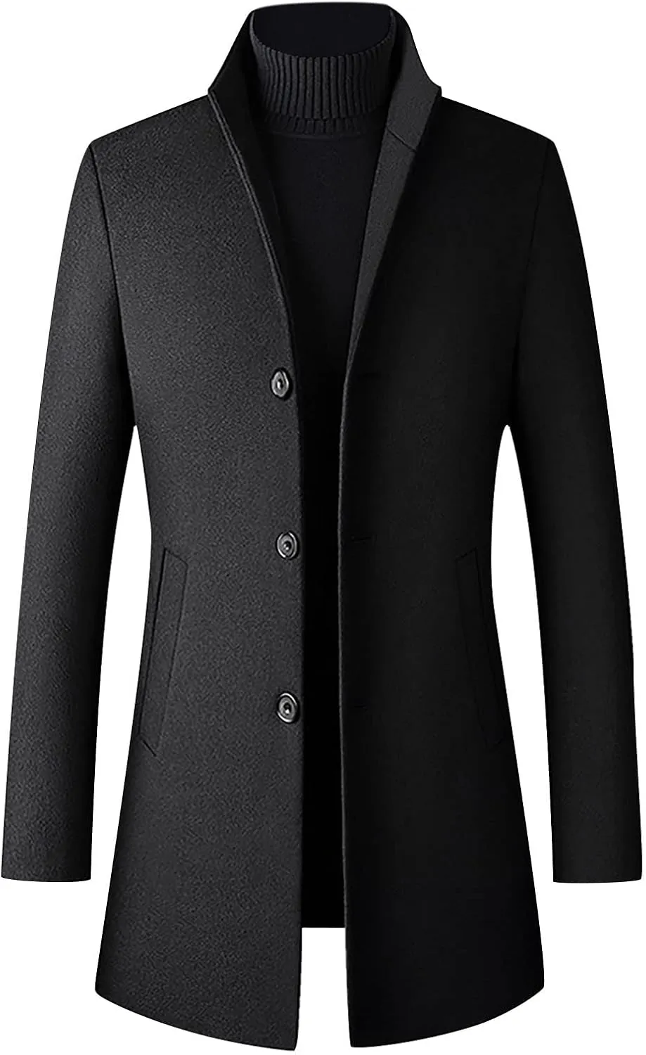 Men's French Woolen Coat Business Down Jacket Trench Topcoat Long Wool Blend Overcoat Slim Fit Stand Collar Coats
