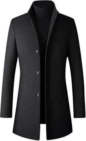 Men's French Woolen Coat Business Down Jacket Trench Topcoat Long Wool Blend Overcoat Slim Fit Stand Collar Coats