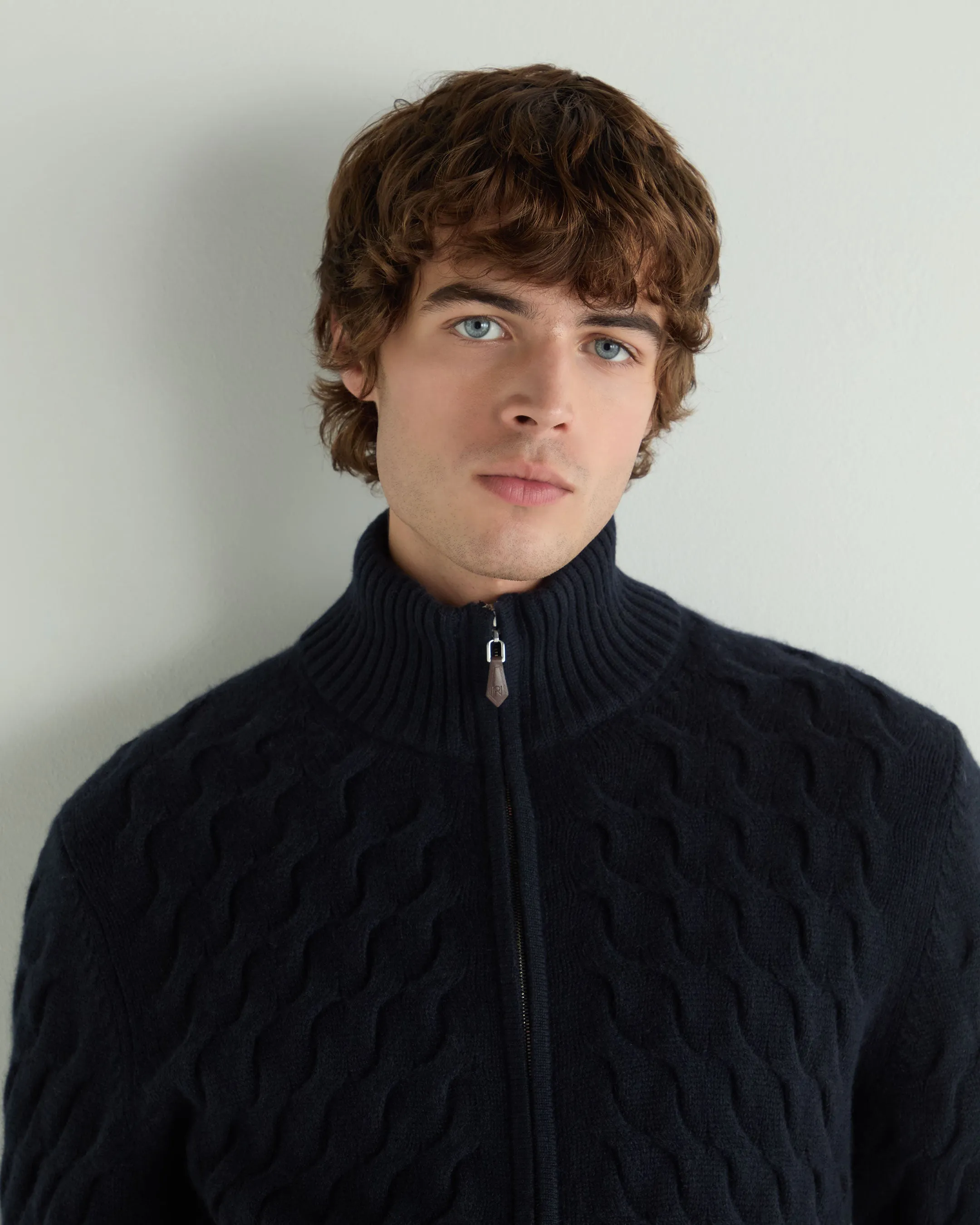 Men's Hammersmith Cable Full Zip Cashmere Jumper Navy Blue