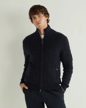 Men's Hammersmith Cable Full Zip Cashmere Jumper Navy Blue
