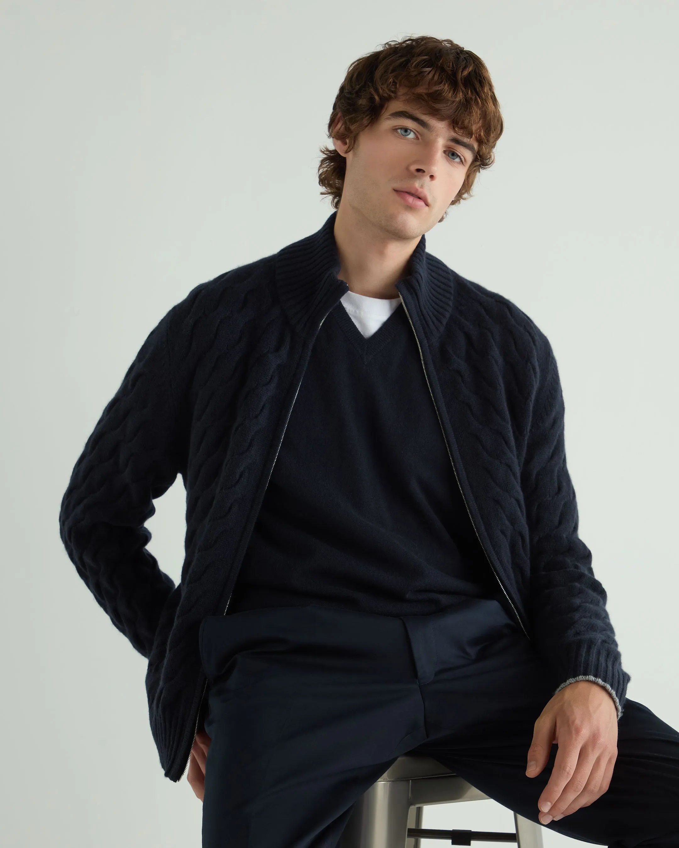 Men's Hammersmith Cable Full Zip Cashmere Jumper Navy Blue
