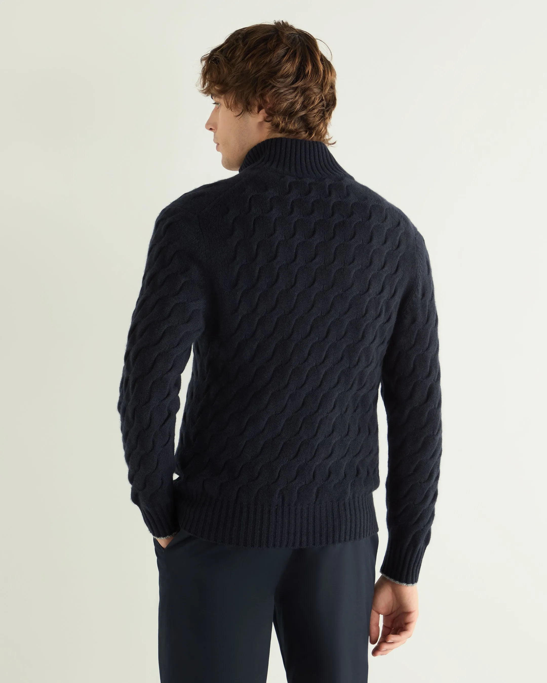 Men's Hammersmith Cable Full Zip Cashmere Jumper Navy Blue