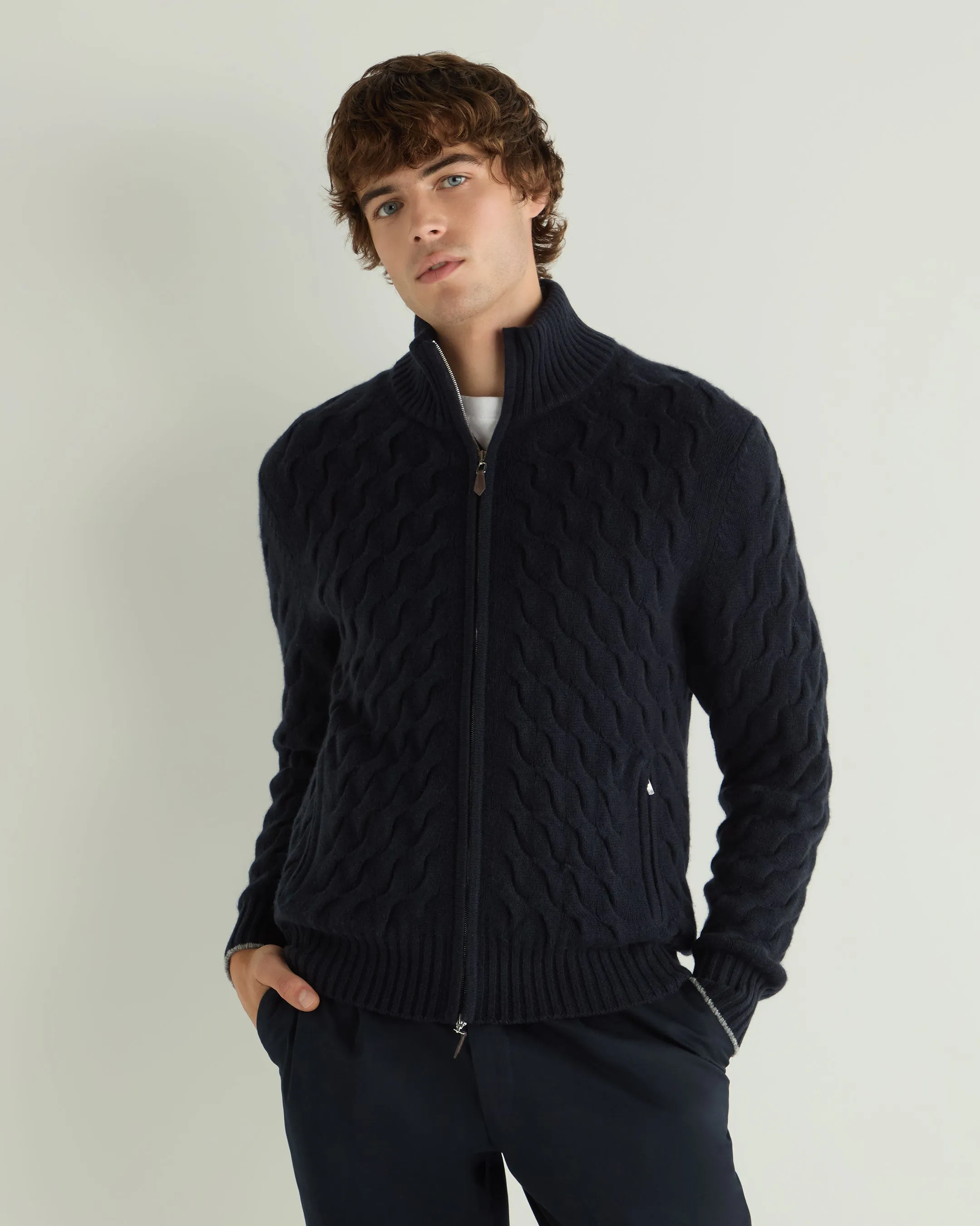 Men's Hammersmith Cable Full Zip Cashmere Jumper Navy Blue