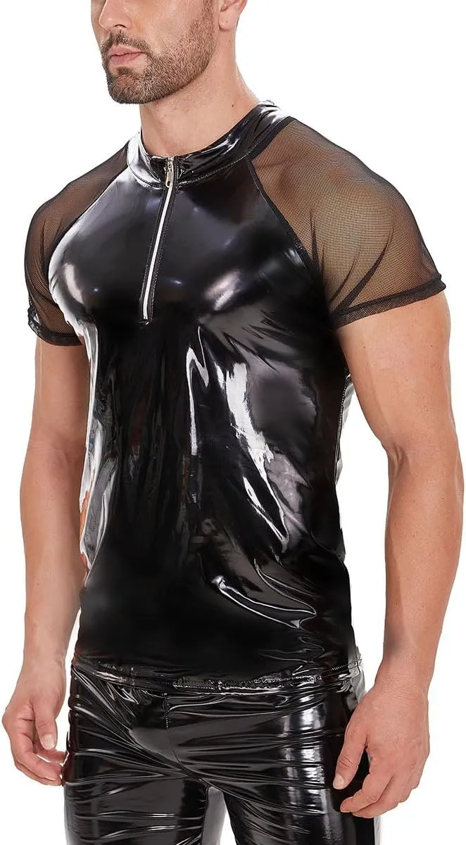 Men's Leather T-Shirt, Metallic Shiny Latex Black Short Sleeve Shirt Wetlook Tshirt Tops,Round Neck
