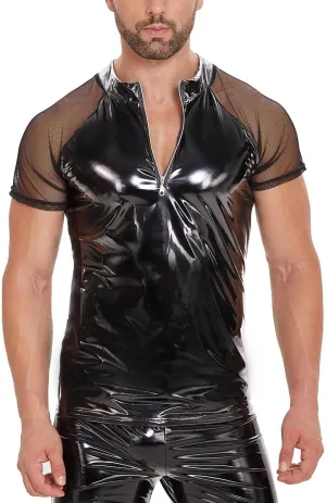 Men's Leather T-Shirt, Metallic Shiny Latex Black Short Sleeve Shirt Wetlook Tshirt Tops,Round Neck
