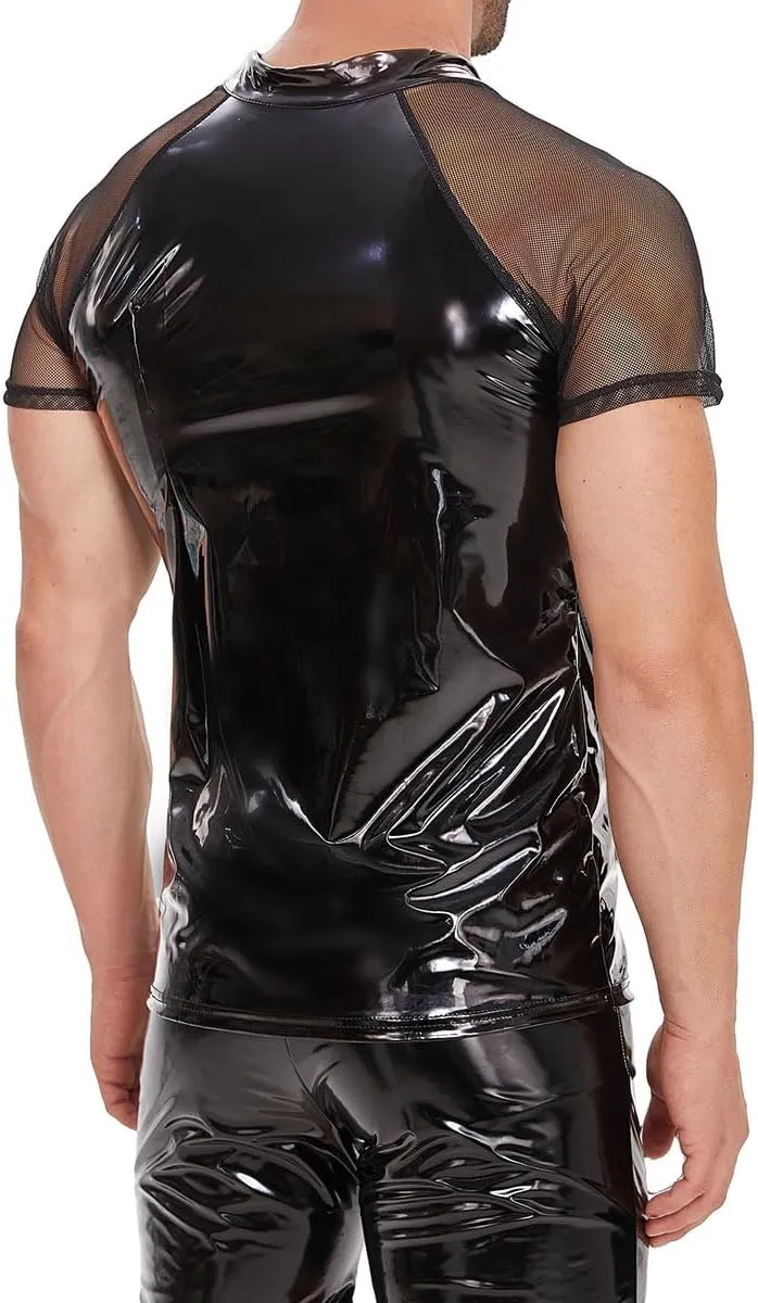 Men's Leather T-Shirt, Metallic Shiny Latex Black Short Sleeve Shirt Wetlook Tshirt Tops,Round Neck