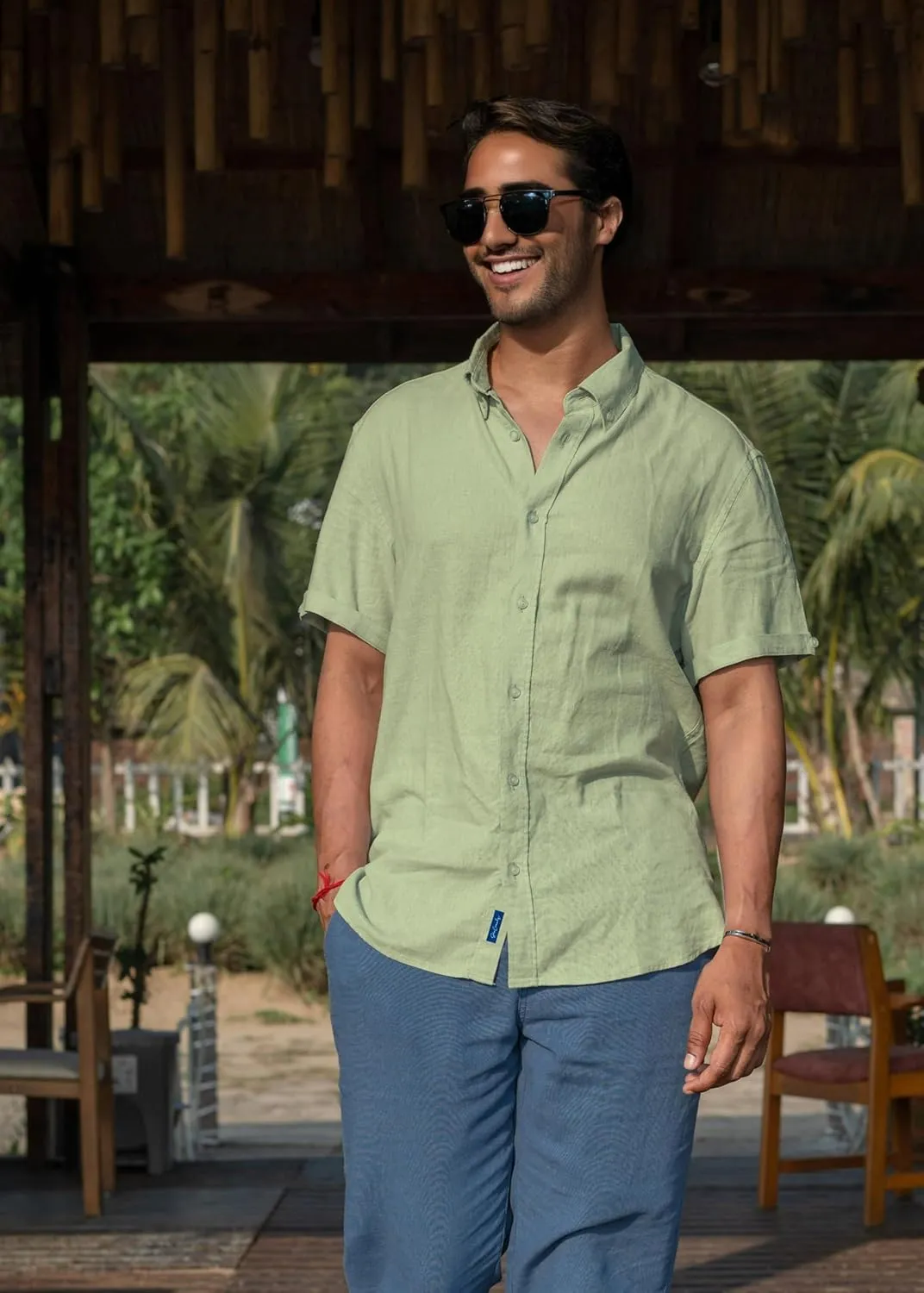 Mens Linen Blend Short Sleeve Casual Shirt for Vacation, Holiday, Casual Party, Lightweight Button Down Shirt