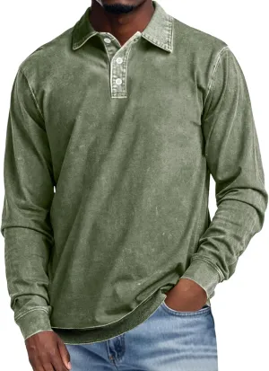 Men's Long Sleeve Polo Shirts Distressed Washed Cotton T-Shirt Lightweight Casual Button Collared Shirt Top