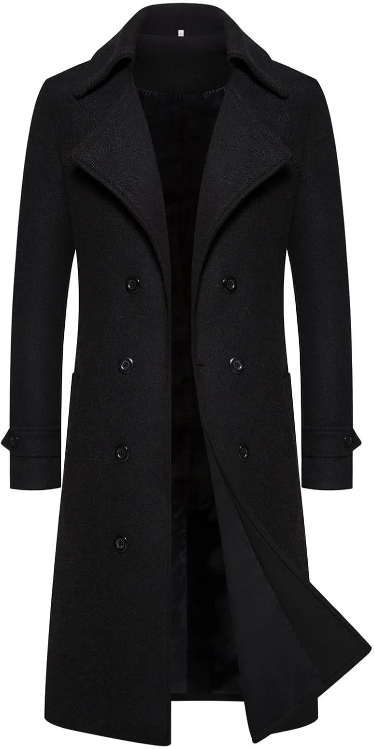 Men's Notched Collar Wool Blend Pea Coat Winter Single Breasted Classic Overcoat with Pockets