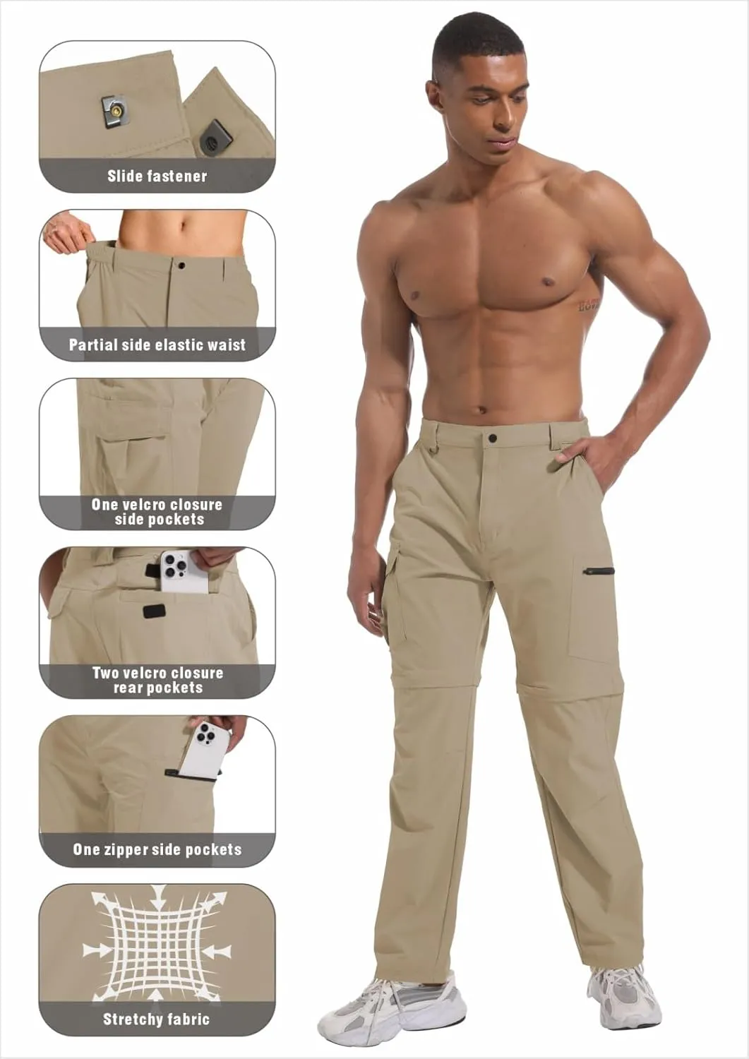 Mens Outdoor Hiking Pants Convertible Lightweight Water Resistant Quick Dry Zip Off Fishing Travel Camping Tactical Pants