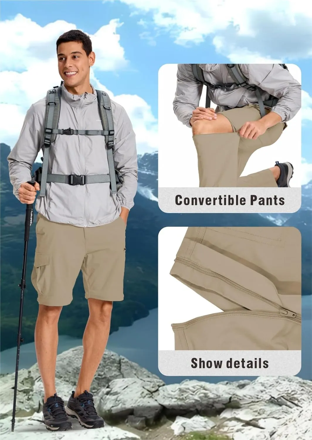 Mens Outdoor Hiking Pants Convertible Lightweight Water Resistant Quick Dry Zip Off Fishing Travel Camping Tactical Pants