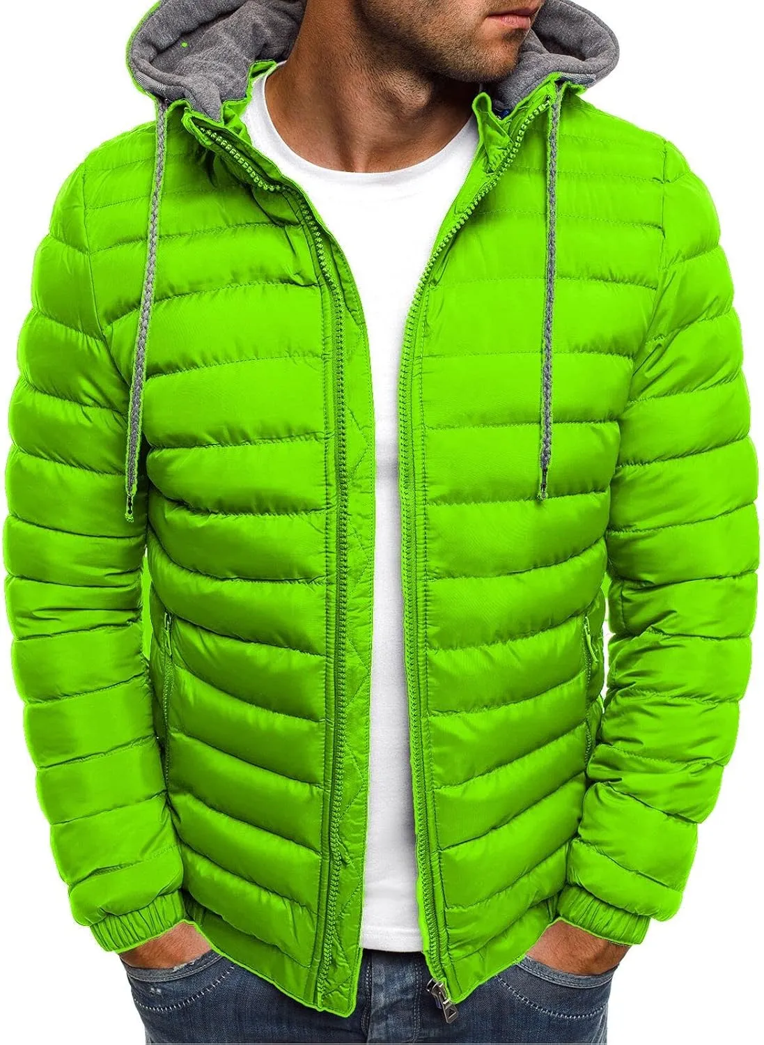 Mens Puffer Jacket Winter Warm Hooded Quilted Down Jacket Outerwear Lightweight Zip Up Insulated Padded Coat