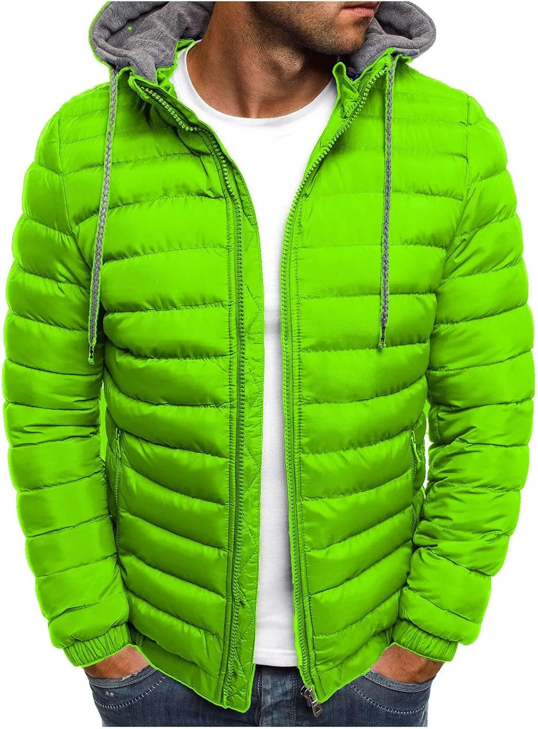 Mens Puffer Jacket Winter Warm Hooded Quilted Down Jacket Outerwear Lightweight Zip Up Insulated Padded Coat