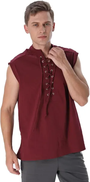 Mens Renaissance Shirt Medieval Viking Lace Up Sleeveless Shirts Pirate T-Shirt Costume Victorian Tank Top