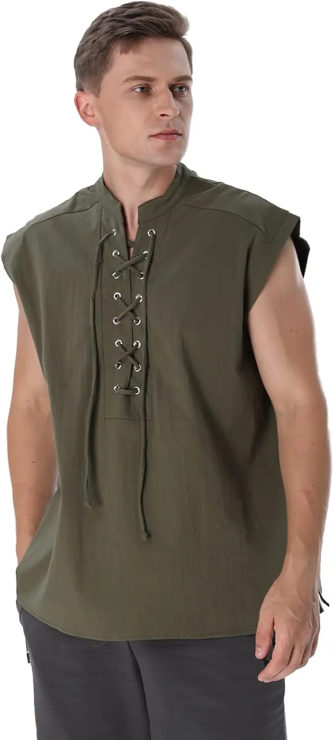 Mens Renaissance Shirt Medieval Viking Lace Up Sleeveless Shirts Pirate T-Shirt Costume Victorian Tank Top