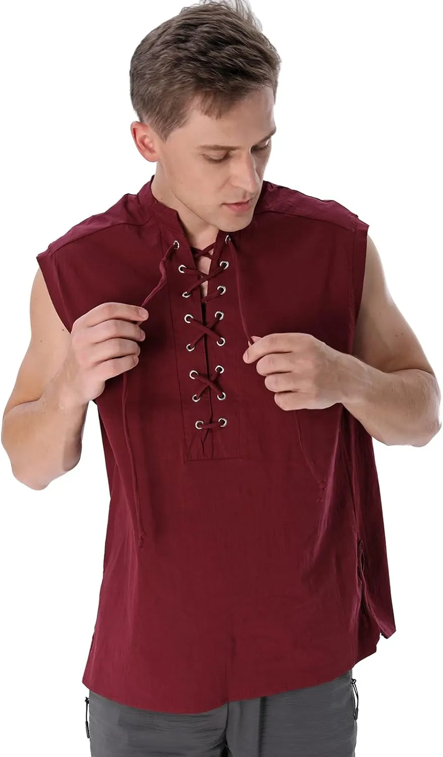 Mens Renaissance Shirt Medieval Viking Lace Up Sleeveless Shirts Pirate T-Shirt Costume Victorian Tank Top