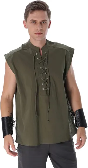 Mens Renaissance Shirt Medieval Viking Lace Up Sleeveless Shirts Pirate T-Shirt Costume Victorian Tank Top