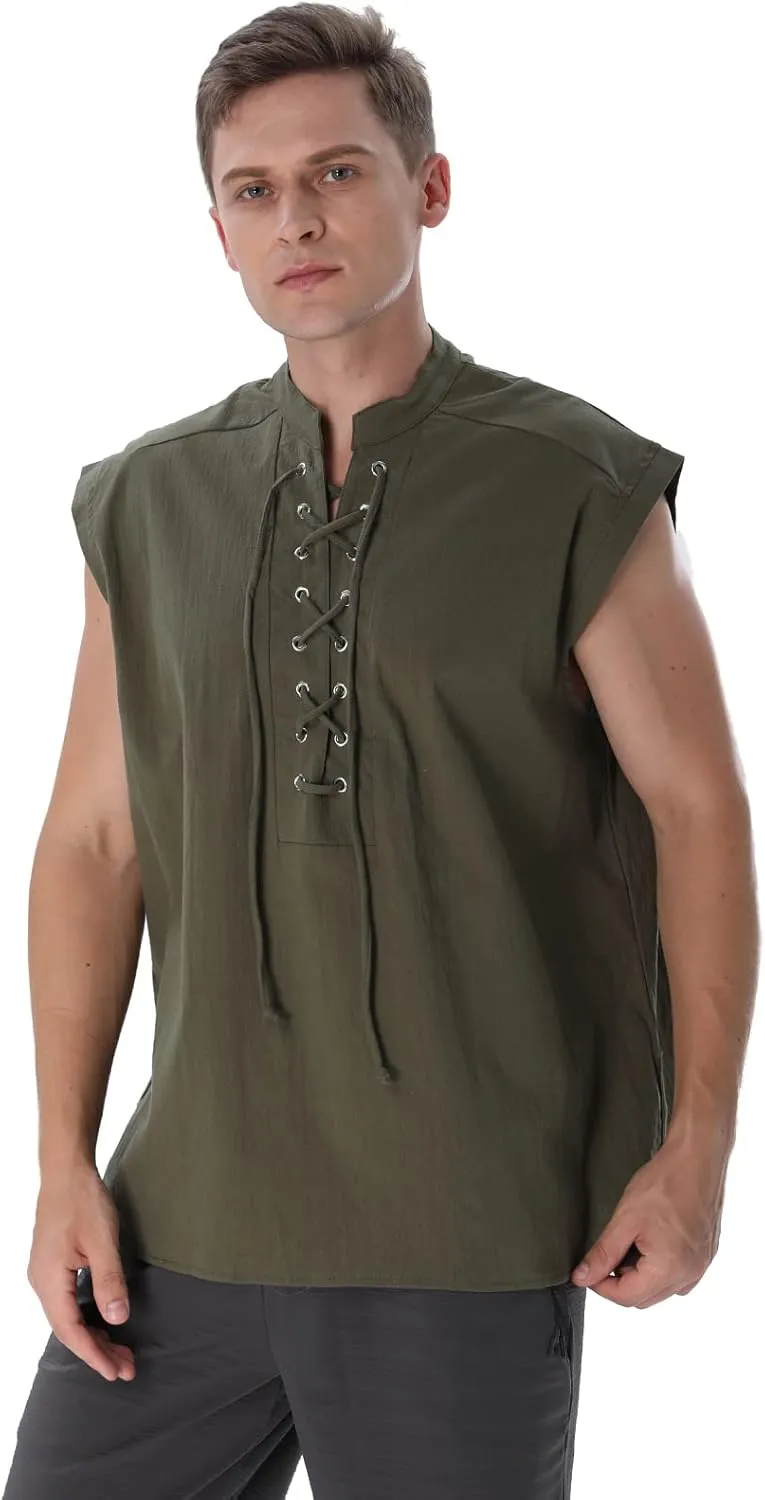 Mens Renaissance Shirt Medieval Viking Lace Up Sleeveless Shirts Pirate T-Shirt Costume Victorian Tank Top