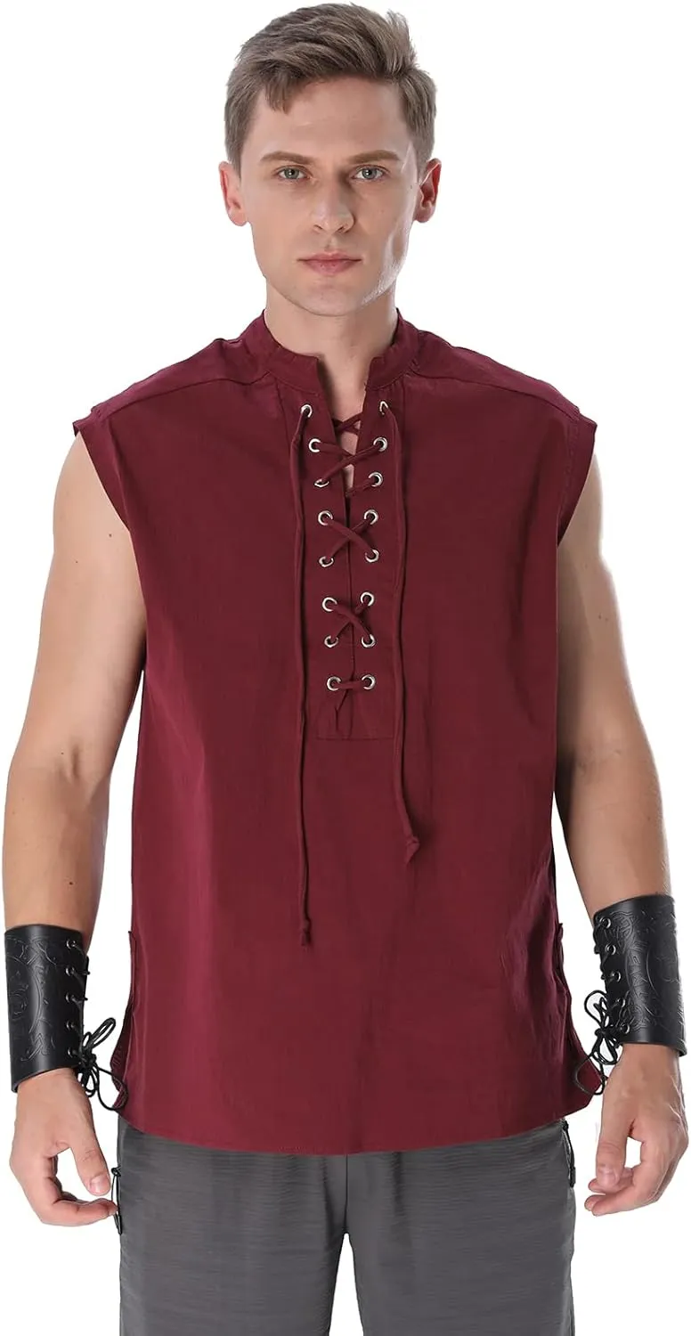 Mens Renaissance Shirt Medieval Viking Lace Up Sleeveless Shirts Pirate T-Shirt Costume Victorian Tank Top