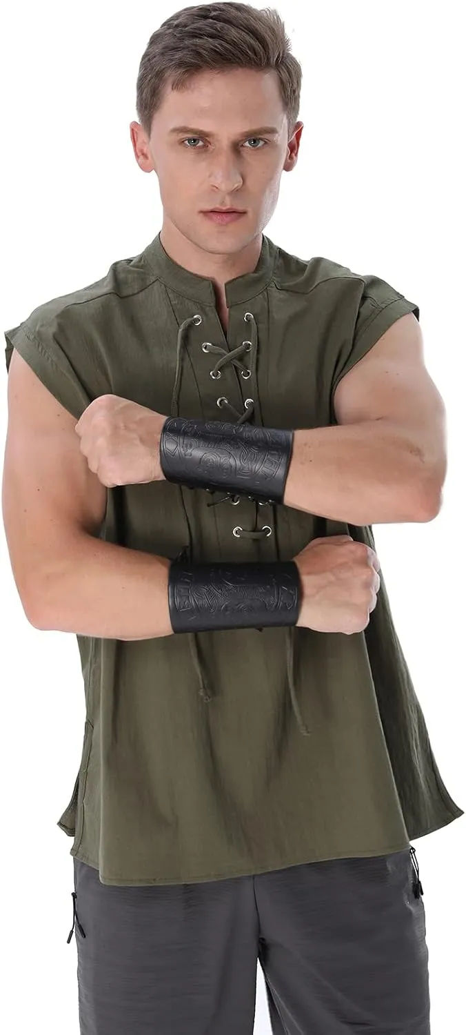 Mens Renaissance Shirt Medieval Viking Lace Up Sleeveless Shirts Pirate T-Shirt Costume Victorian Tank Top