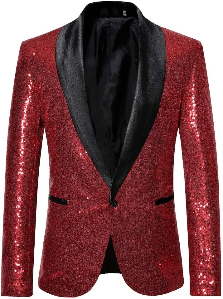 Mens Sequin Blazer Jacket Slim Fit One Button Tuxedo Sparkly Lapel Dress Jacket Party Prom Dinner Wedding Tuxedo Coat