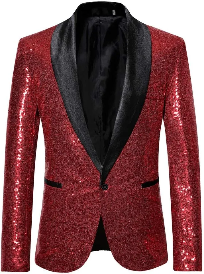 Mens Sequin Blazer Jacket Slim Fit One Button Tuxedo Sparkly Lapel Dress Jacket Party Prom Dinner Wedding Tuxedo Coat