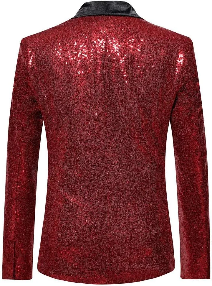 Mens Sequin Blazer Jacket Slim Fit One Button Tuxedo Sparkly Lapel Dress Jacket Party Prom Dinner Wedding Tuxedo Coat