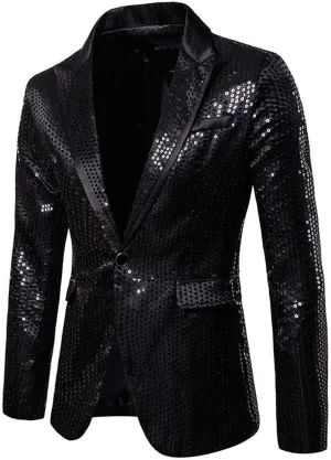 Mens Sequin Blazer Jacket Slim Fit One Button Tuxedo Sparkly Lapel Dress Jacket Party Prom Dinner Wedding Tuxedo Coat
