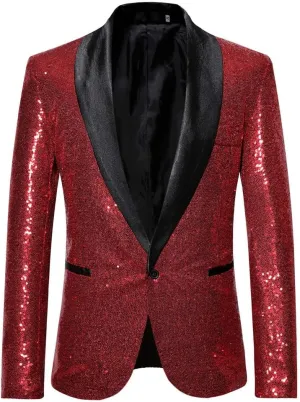 Mens Sequin Blazer Jacket Slim Fit One Button Tuxedo Sparkly Lapel Dress Jacket Party Prom Dinner Wedding Tuxedo Coat