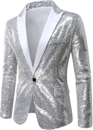 Mens Sequins Blazer 70s 80s Disco Suit Jacket Lapel Tuxedo Jackets for Party Wedding Prom, Shiny Christmas Outfits