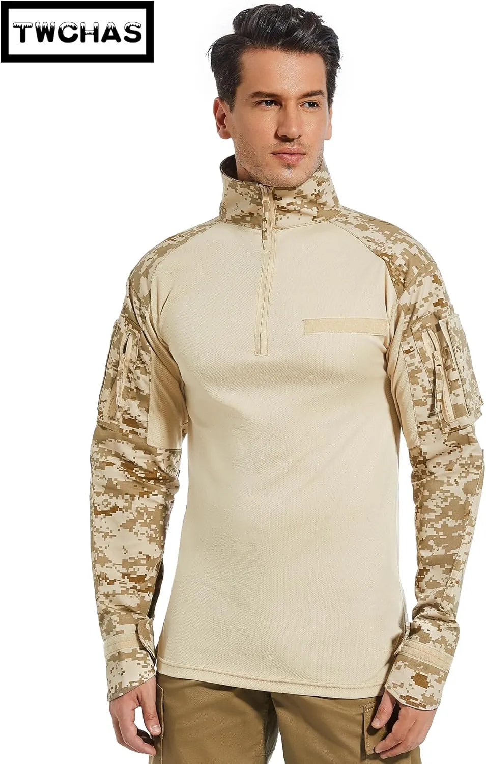 Mens Tactical Military Shirt 1/4 Zip Long Sleeve Slim Fit Military Combat Shirt with Pockets