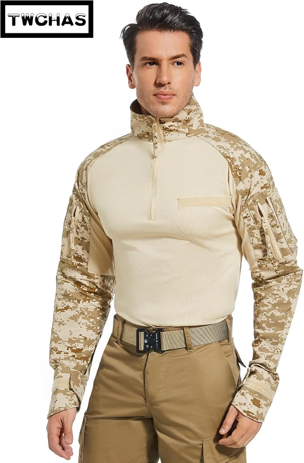 Mens Tactical Military Shirt 1/4 Zip Long Sleeve Slim Fit Military Combat Shirt with Pockets