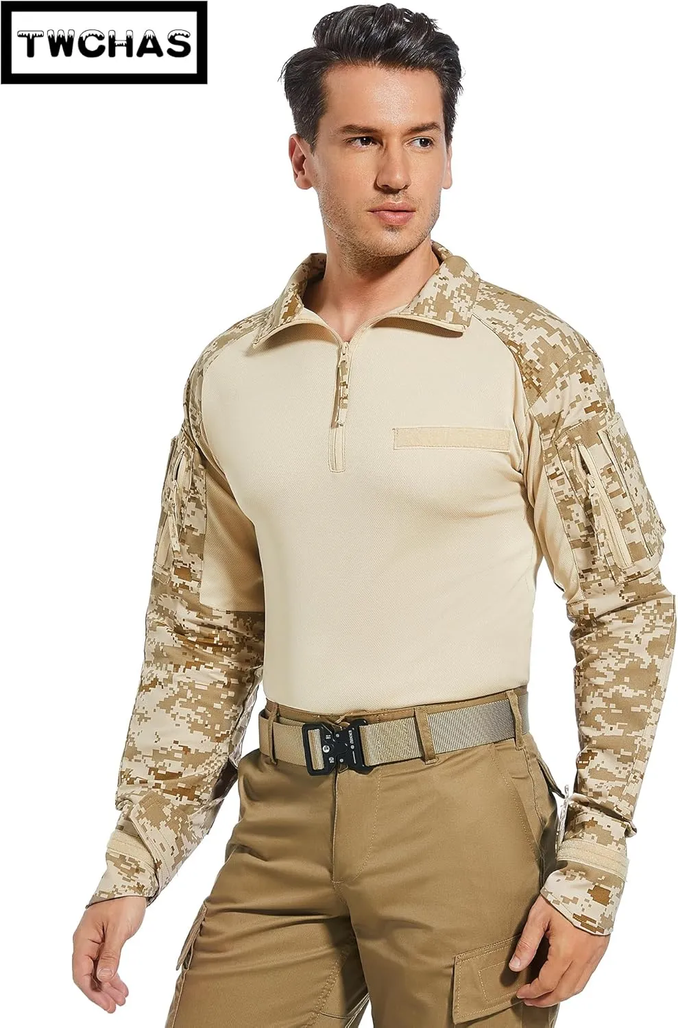 Mens Tactical Military Shirt 1/4 Zip Long Sleeve Slim Fit Military Combat Shirt with Pockets