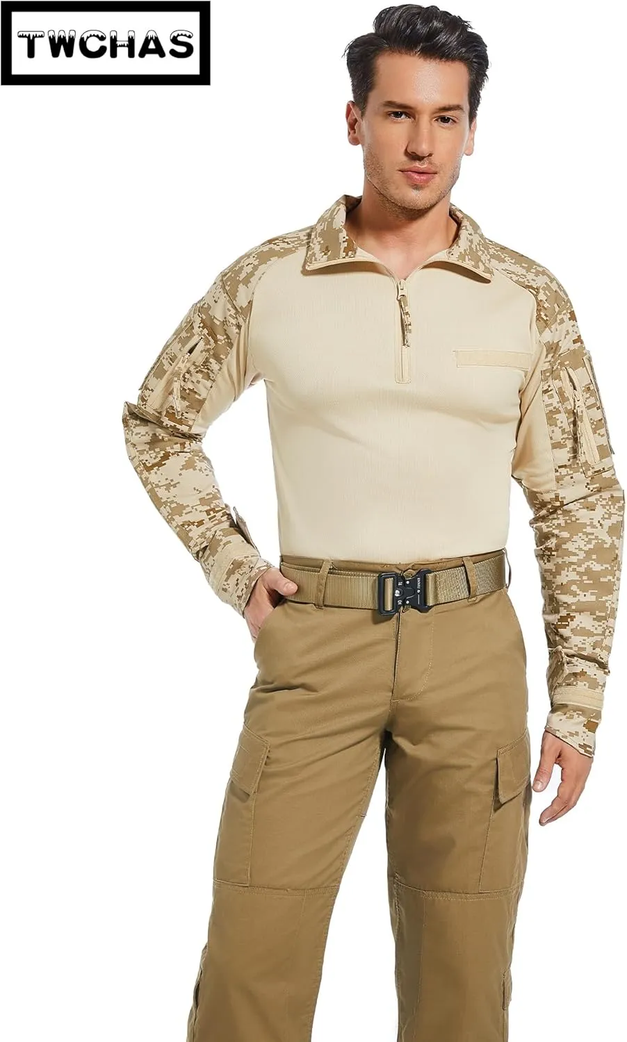 Mens Tactical Military Shirt 1/4 Zip Long Sleeve Slim Fit Military Combat Shirt with Pockets