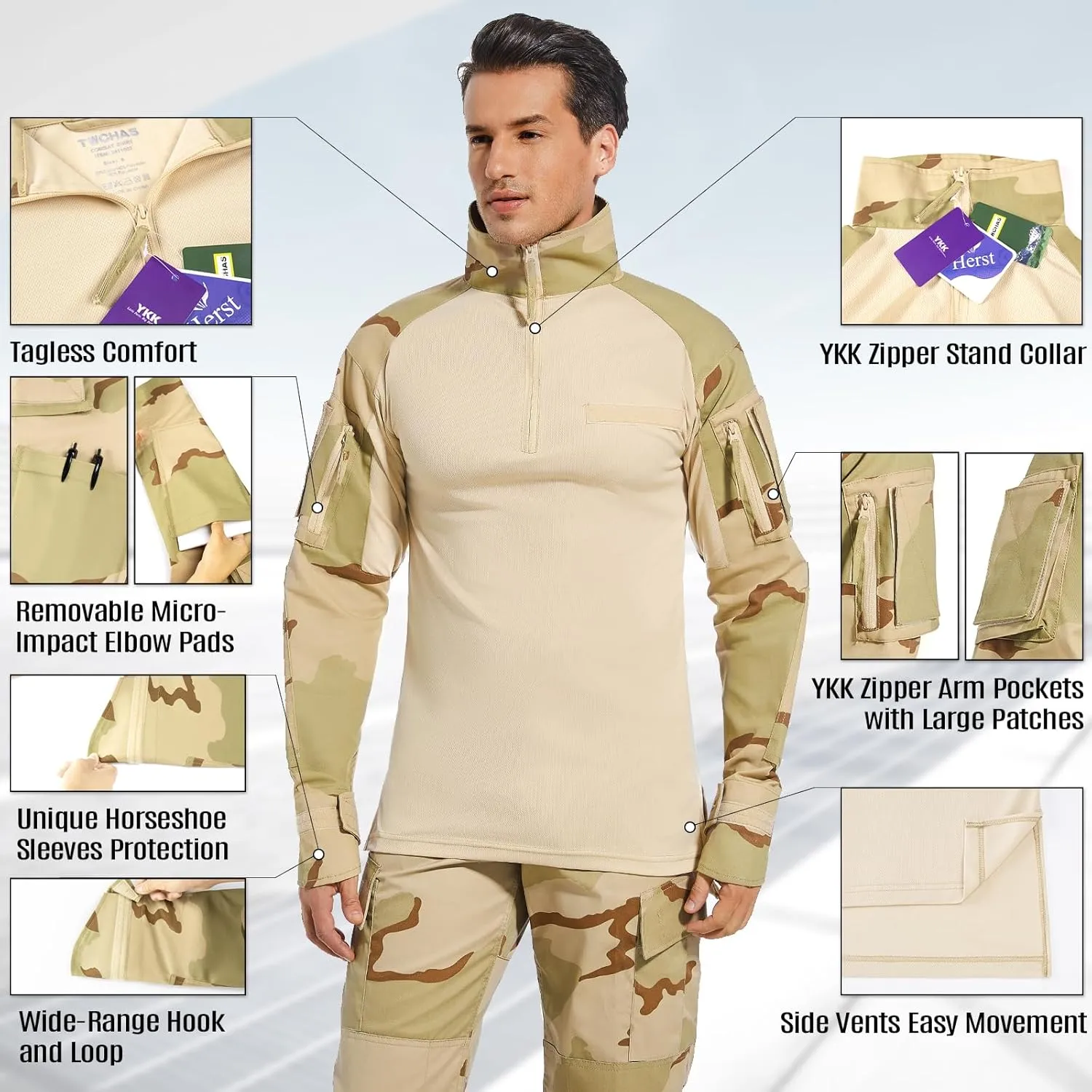 Mens Tactical Military Shirt 1/4 Zip Long Sleeve Slim Fit Military Combat Shirt with Pockets