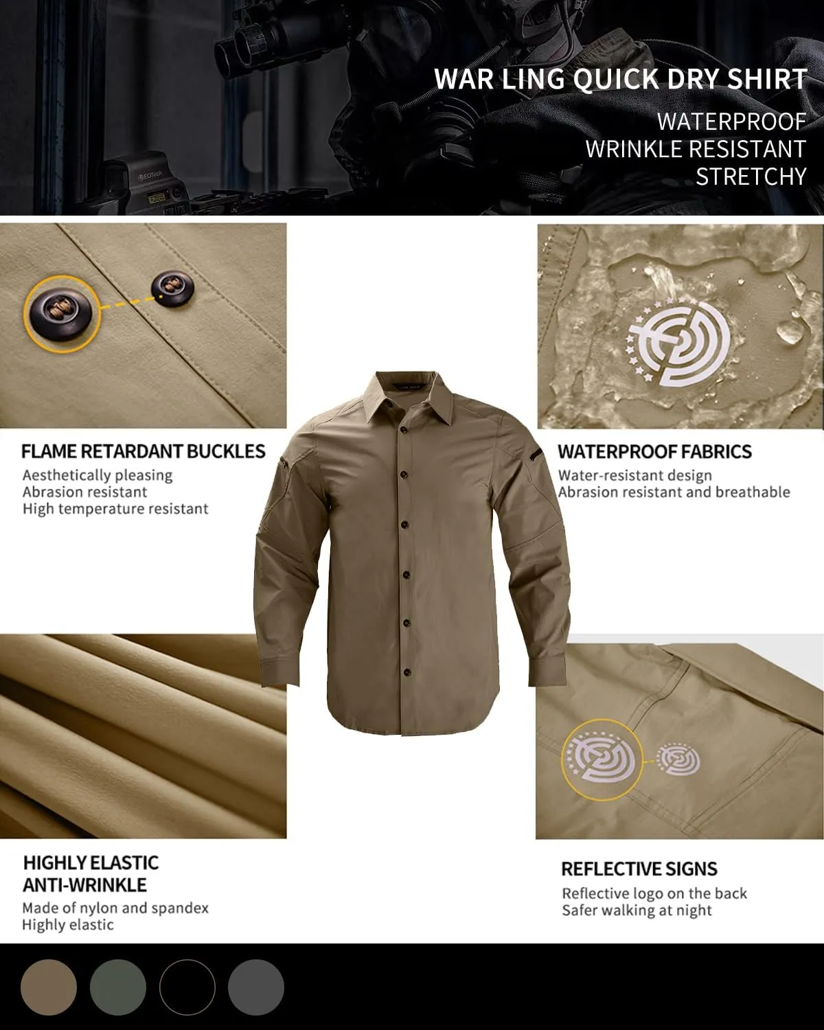 Men's Tactical Shirt Fishing Shirts Long Sleeve Sun Protection Breathable Quick Dry Work Shirt for Hiking