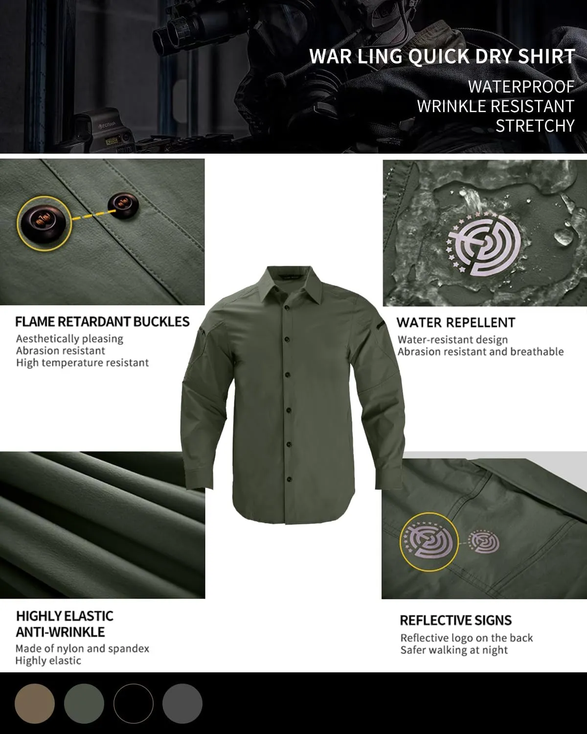 Men's Tactical Shirt Fishing Shirts Long Sleeve Sun Protection Breathable Quick Dry Work Shirt for Hiking