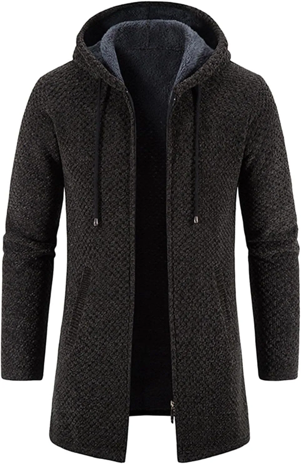 Mens Trench Coat Winter Wool Blend Jacket Overcoat Warm Long Coat, Winter Solid Knitted Hooded Cardigan Jacket