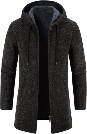 Mens Trench Coat Winter Wool Blend Jacket Overcoat Warm Long Coat, Winter Solid Knitted Hooded Cardigan Jacket