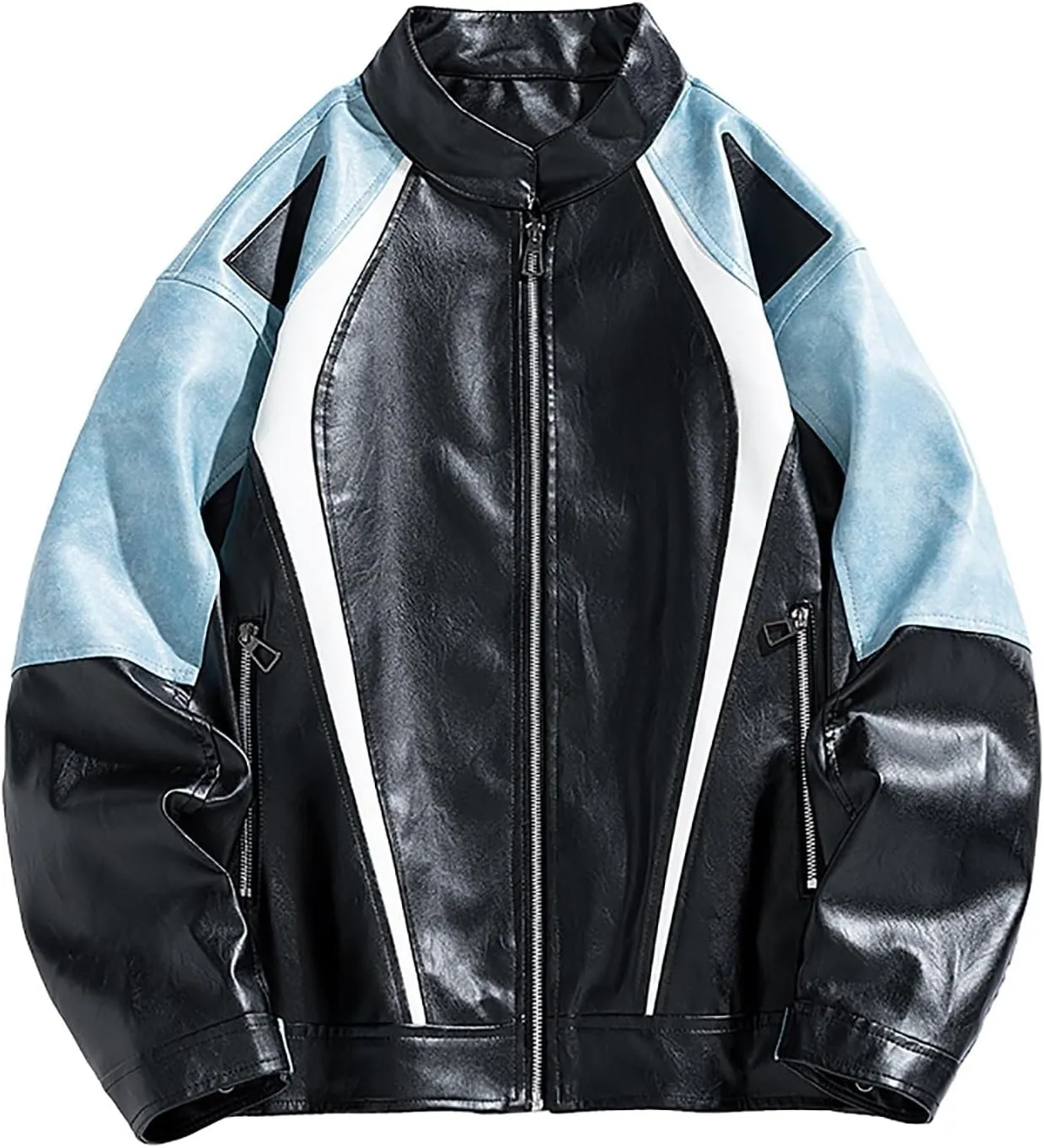 Men's Varsity Jacket Motorcycle Leather Jacket Fashion Color Block Baseball Leather Jacket Streetwear Bomber Coats