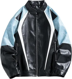 Men's Varsity Jacket Motorcycle Leather Jacket Fashion Color Block Baseball Leather Jacket Streetwear Bomber Coats