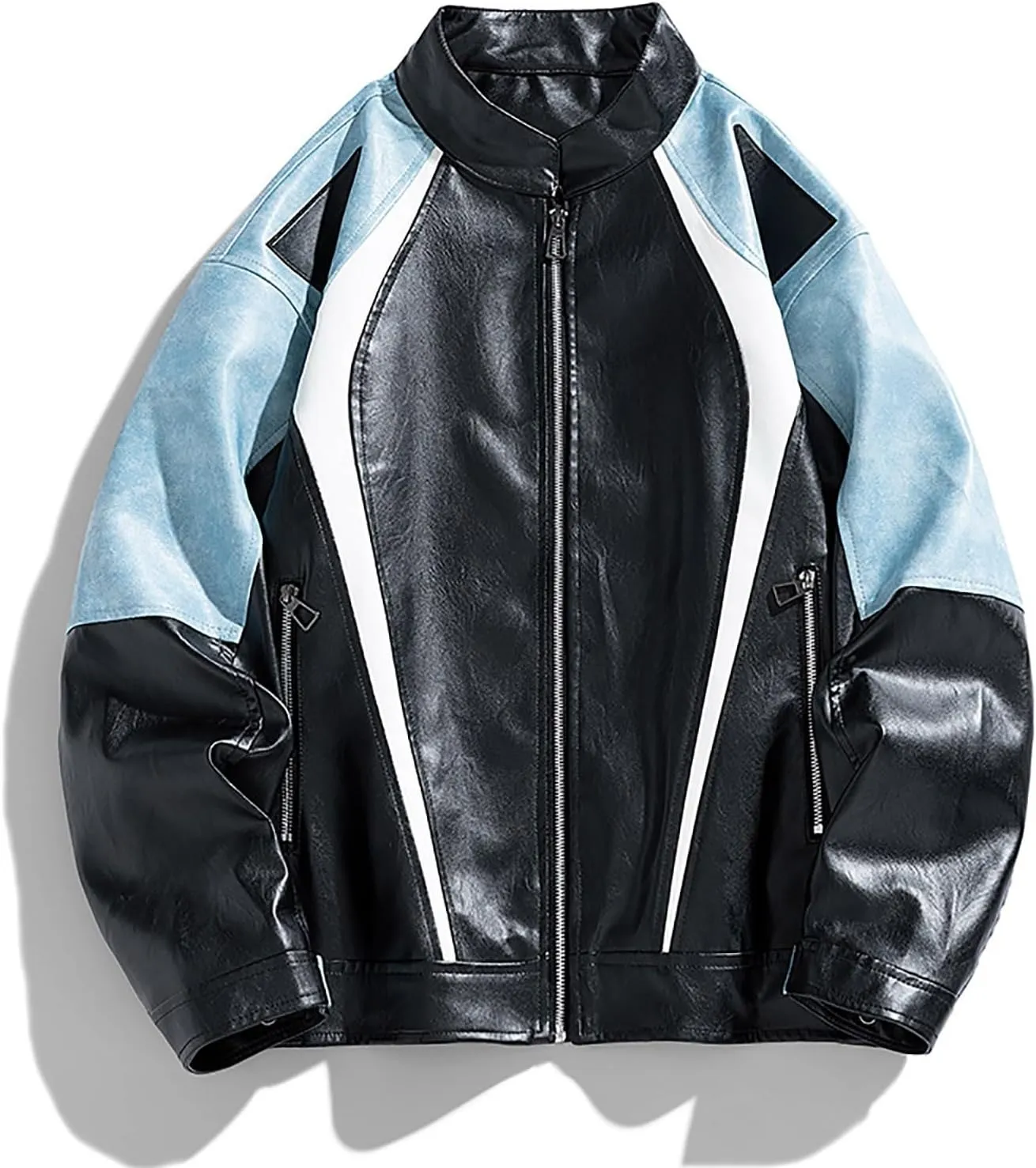 Men's Varsity Jacket Motorcycle Leather Jacket Fashion Color Block Baseball Leather Jacket Streetwear Bomber Coats