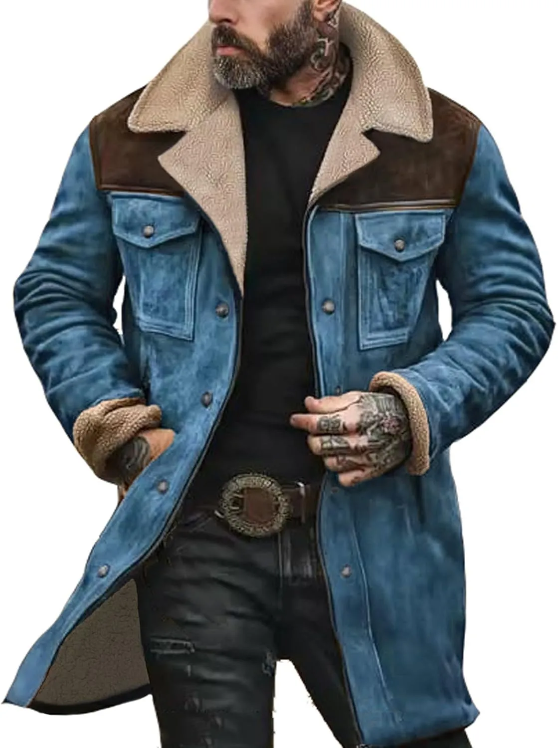 Men's Vintage Suede Jackets Fashion Plush Collar Western Cowboy Coats Distressed Faux Leather Motorcycle Jackets