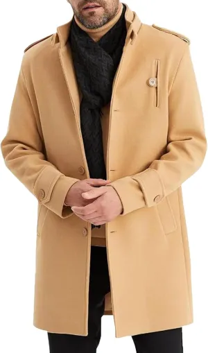 Men's Warm Winter Long Jacket Casual Classic Notched Collar Overcoat with Pockets