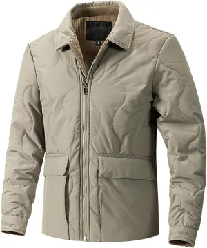 Men's Winter Lapel Down Jackets Business Casual Corduroy Lined Warm Padded Coat Zipper Cotton Coat with Large Pockets