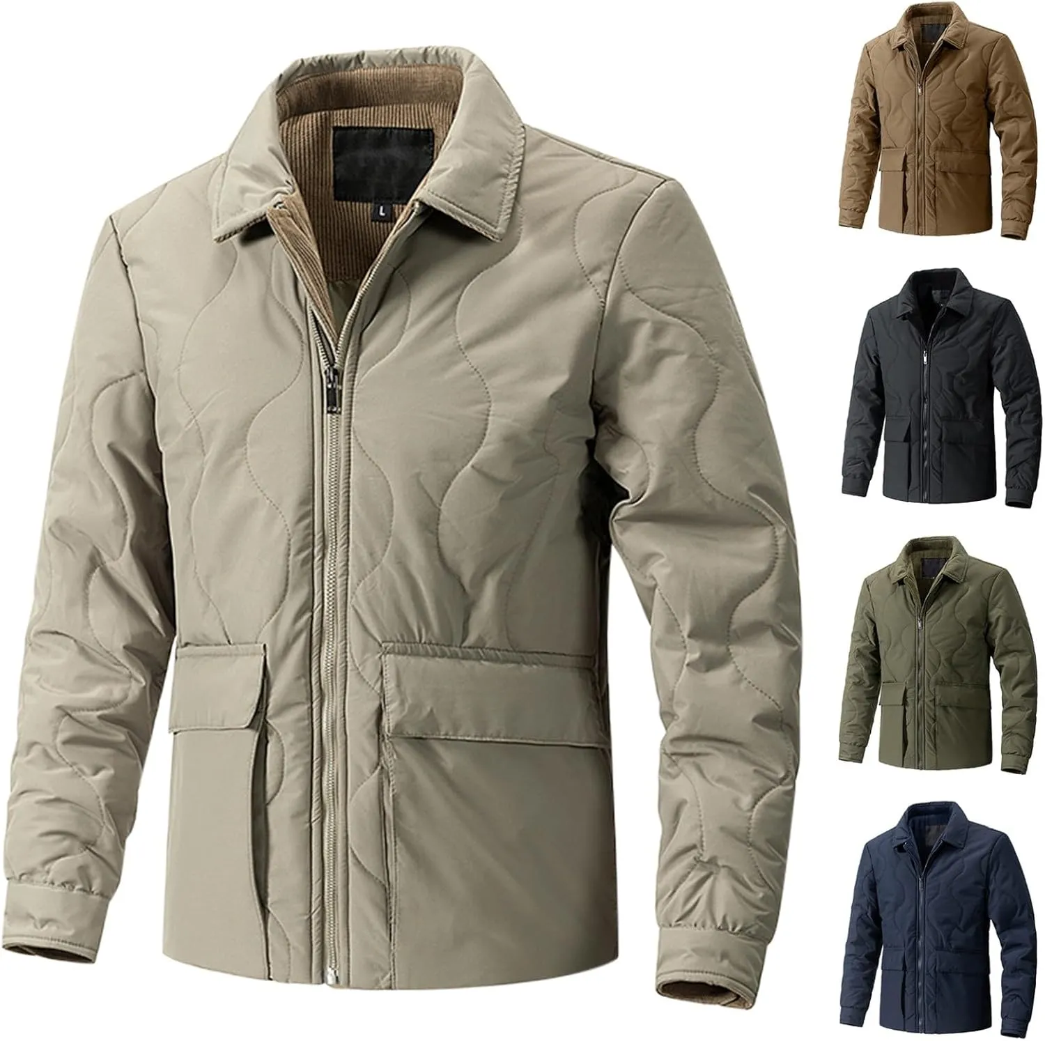 Men's Winter Lapel Down Jackets Business Casual Corduroy Lined Warm Padded Coat Zipper Cotton Coat with Large Pockets