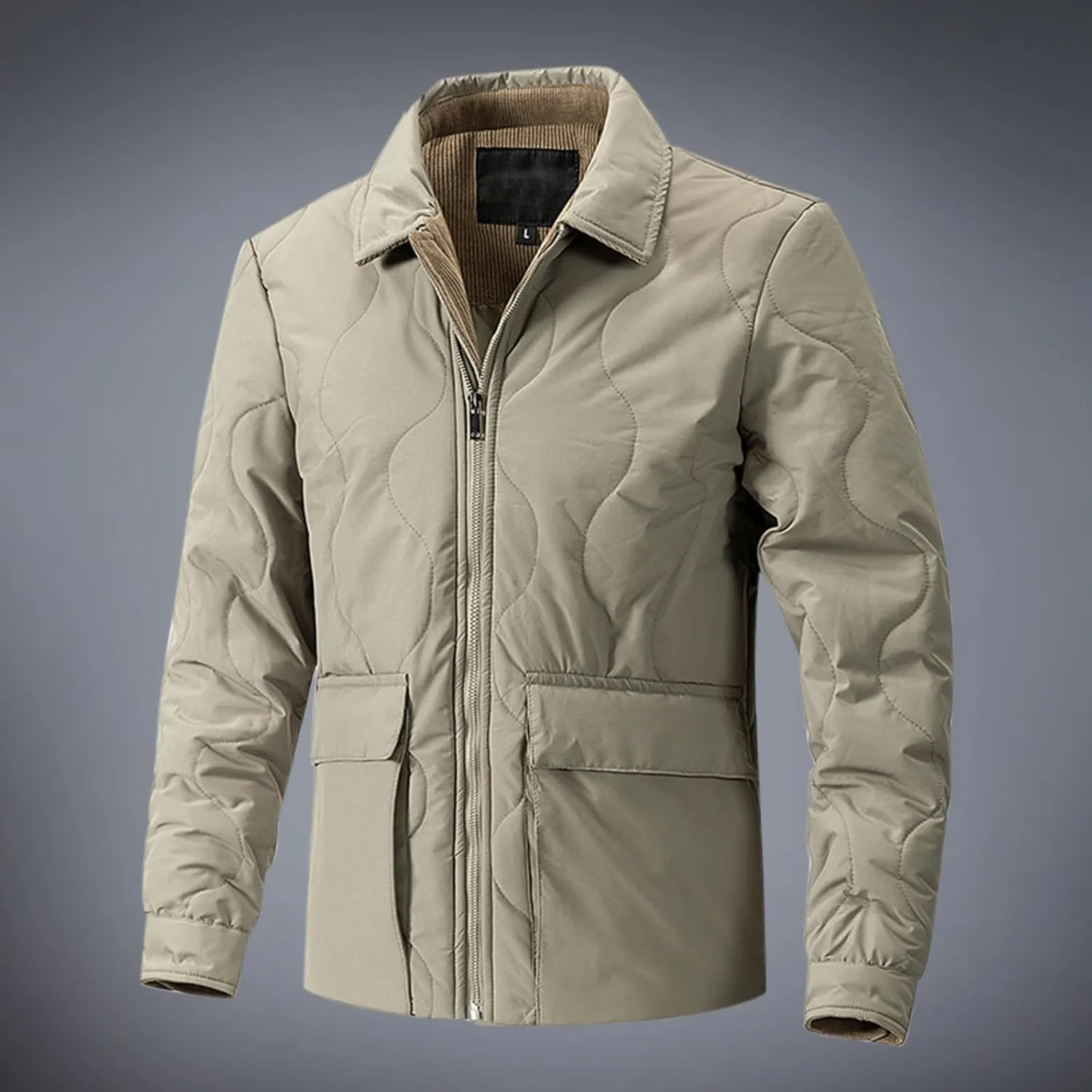 Men's Winter Lapel Down Jackets Business Casual Corduroy Lined Warm Padded Coat Zipper Cotton Coat with Large Pockets