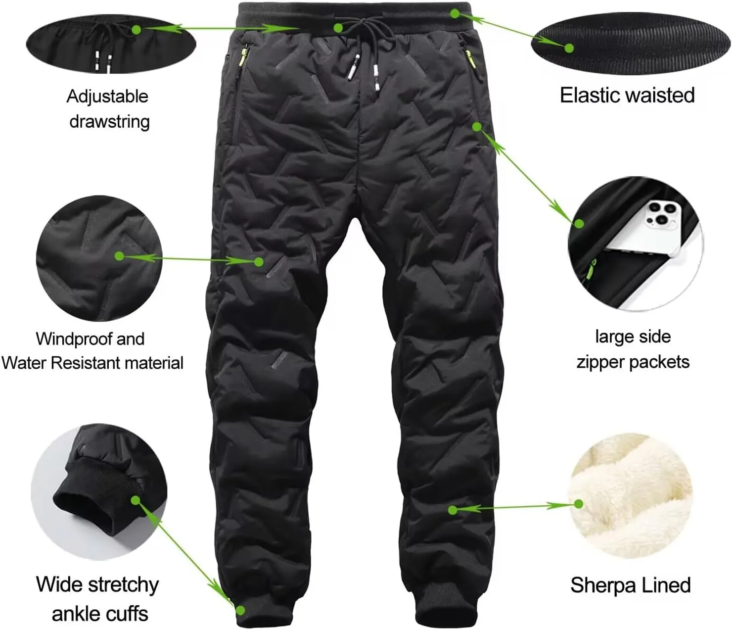 Men's Winter Snow Pants Sherpa Lined Sweatpants Thicken Warm Fleece Pants Sports Jogger Pants