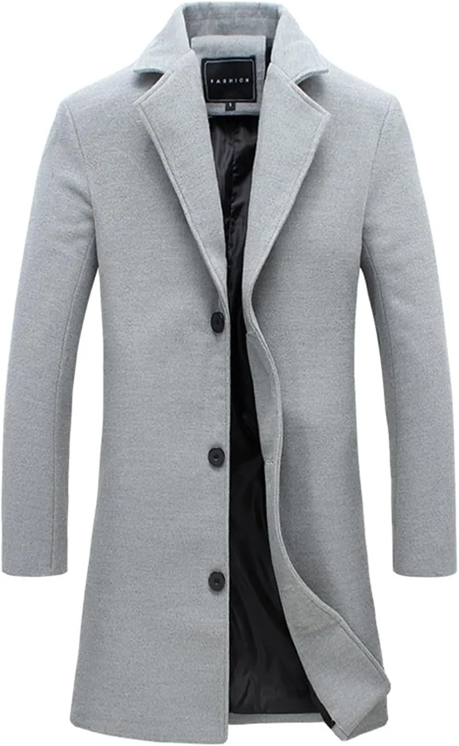 Men's Wool Blend Trench Coat Hip Length Lapel Overcoat Slim Fit Single Breasted Pea Coats Windbreaker Jacket
