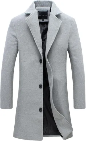 Men's Wool Blend Trench Coat Hip Length Lapel Overcoat Slim Fit Single Breasted Pea Coats Windbreaker Jacket